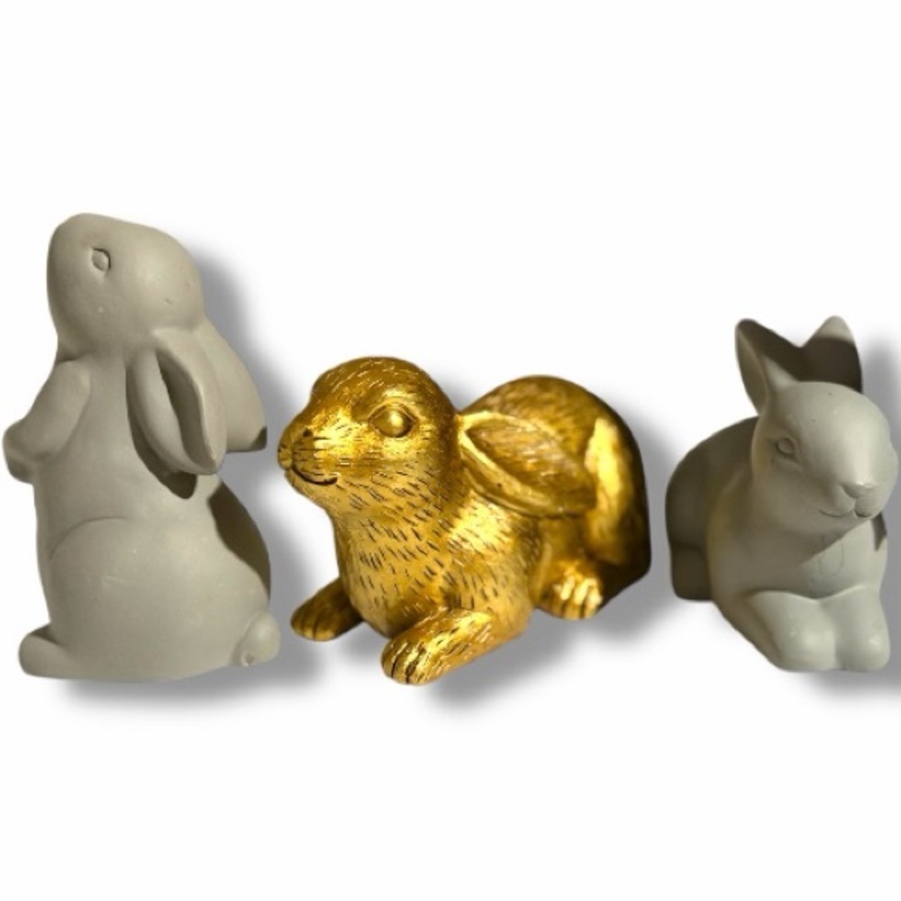 Easter Bunny Figurines | Neutral Stone & Gold Rabbit Decor | Spring Tabletop